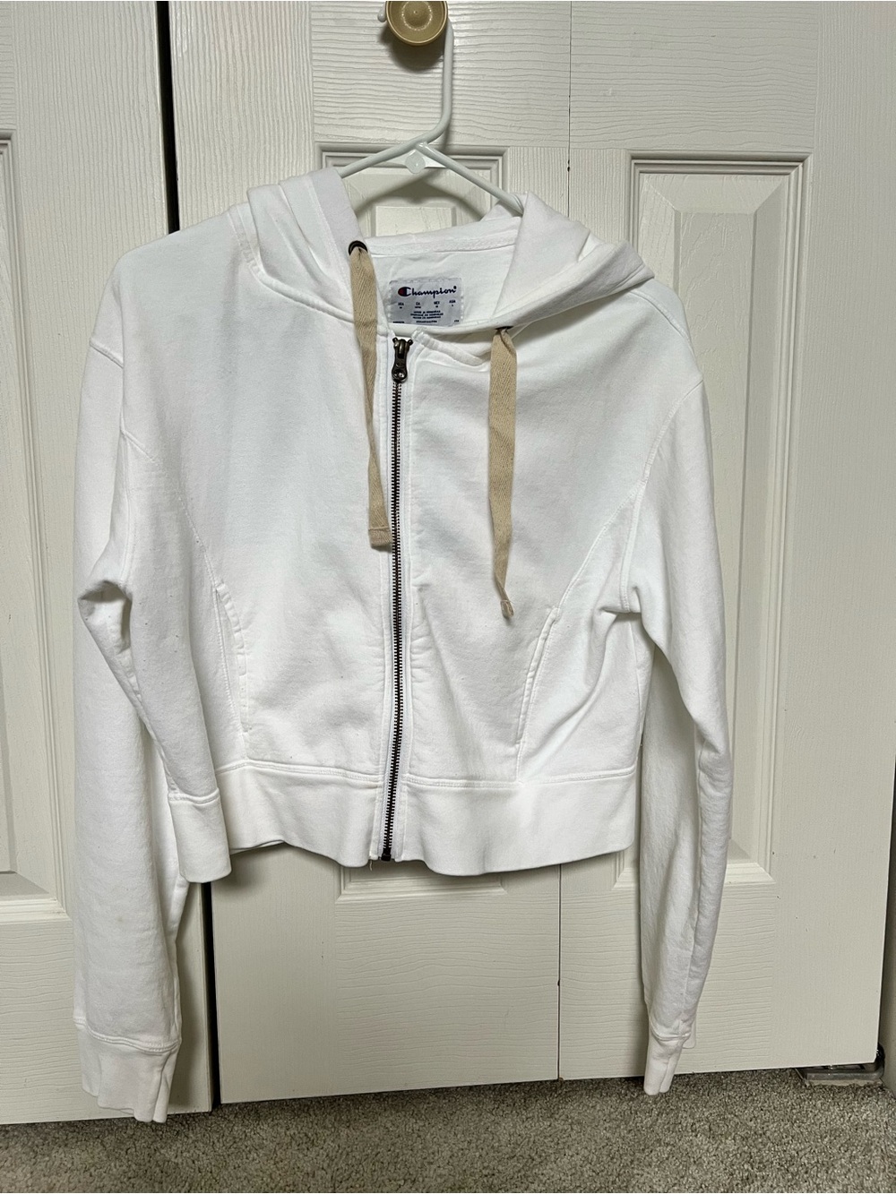 Champion White Cropped Zip-Up Hoodie with Tan Drawcords